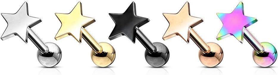 Amelia Fashion 16 Gauge Flat Star Cartilage/Tragus Stud 316L Surgical Steel (Choose Color)