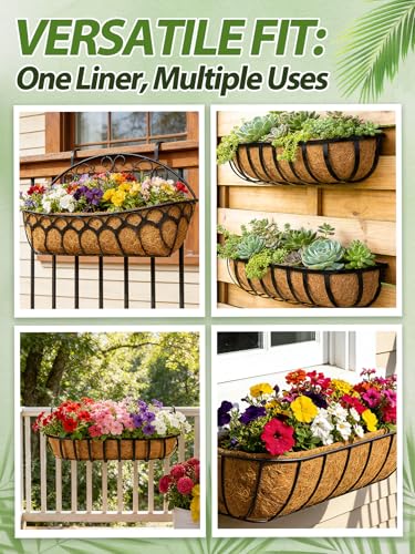 Image of 36in Arched Coco Liners for Window Planter Box - 4 Pack 100% Natural Coconut Coir Fiber Liner Replacement for Deck Flower Box, Garden Railing Fence Trough, Wall Planter Basket