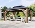 AMERLIFE 12' x 14' Heavy Duty Hardtop Gazebo with Double Metal Roof, Wood Gazebo with Privacy Curtains & Mosquito Netting, Outdoor Pavilion for Backyard, Garden & Patio, Brown