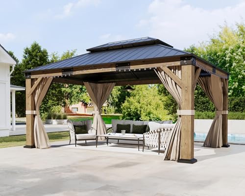 AMERLIFE 12 x 14 Heavy Duty Hardtop Gazebo with Double Metal Roof Wood Gazebo with Privacy Curtains & Mosquito Netting Outdoor Pavilion for Backyard Garden & Patio Brown