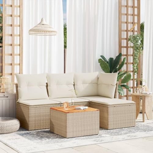 Juego de sofás jardín con cojines 5 pzas ratán sintético beige,Conjunto de Sofás de Jardín en Ratán Sintético con Almacenamiento y Cojines, para Jardín y Terraza Conjuntos de Muebles de Jardín