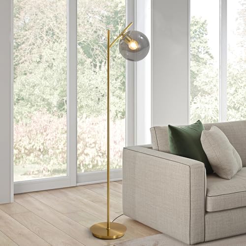 Image of Farmhouse Floor Lamp Retro Smoky Gray Glass Standing Tall Lamps Vintage Brass Freestanding Floor Lamps Adjustable Globe Floor Lamp for Office Bedroom