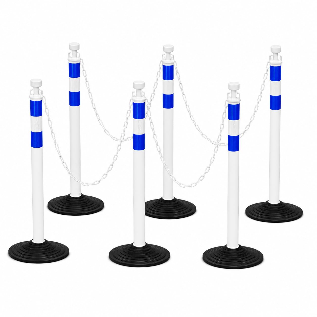 Set de 6 postes de seguridad de 99,6 cm con cadenas de plástico de 2 m, portátiles, para delimitación de áreas, obras, parkings y eventos (Blanco y azul)