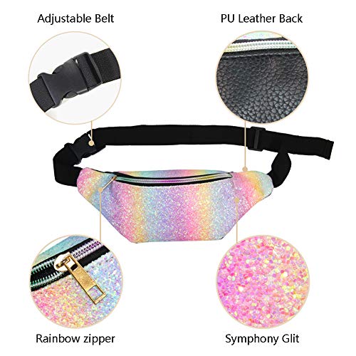 Basumee 12cmx32cm Kinder Bauchtasche Glitzer Sporttasche mit Kunstleder, Mädchen Gürteltasche Hüfttasche für Reiten Radfahren Laufen Camping Sport, Regenbogenfarbe