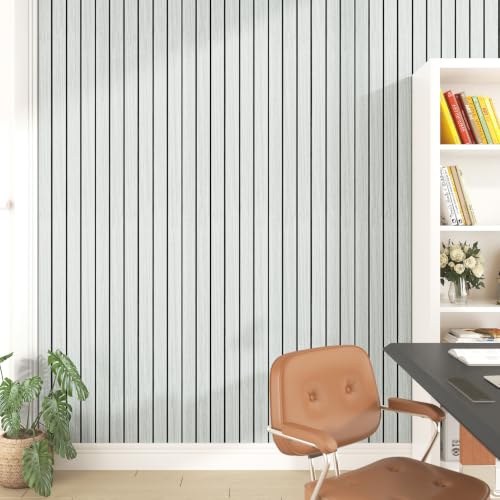 Paneles de pared de listones de madera autoadhesivos blancos y grises 3D 3
