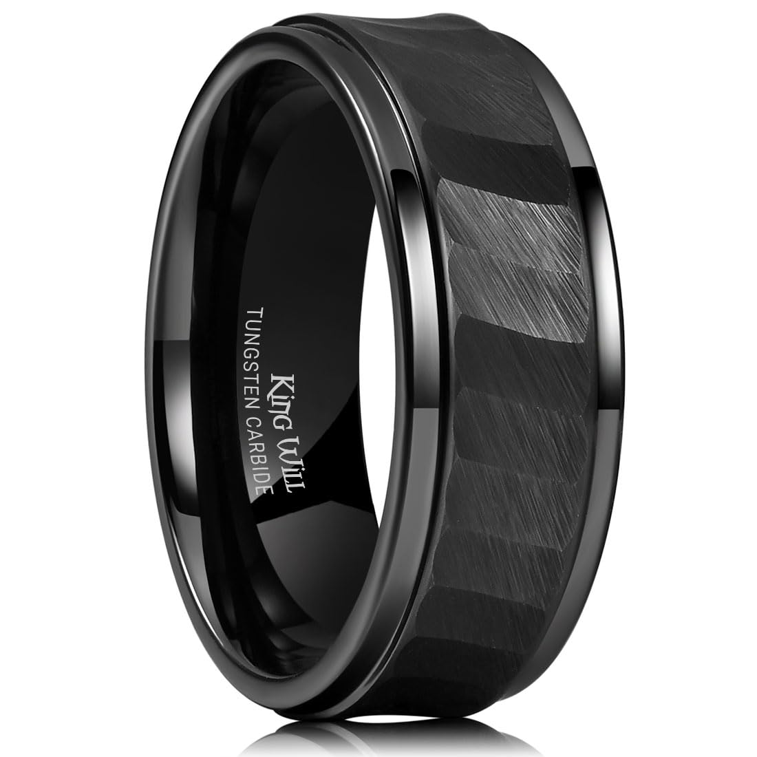 King Will Classic 8mm Tungsten Carbide Ring Black/Silver/Gold Brushed Two Grooved Center Hammered Design Mens Wedding Band for Men