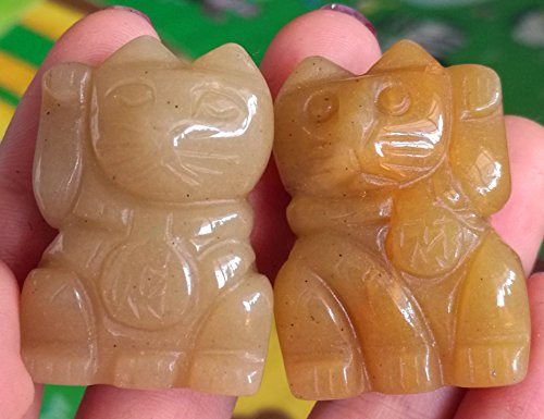 Pair Hand Carved Gemsone Left Hand Right Hand Fortune Cat Mascot Home&Garden Figurine 1.5‘’ (Yellow Aventurine)