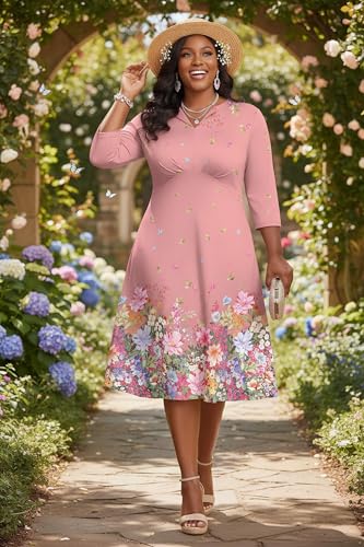 Image of Nmoder Women's Plus Size Stretchy Flared Wrap Dress Casual Wedding Guest Midi Dresses V Neck 3 /4 Sleeve A-Line Swing Dress