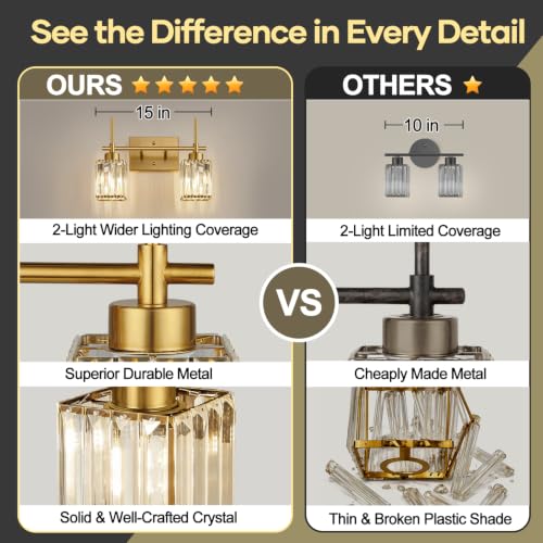 Image of Torondo Modern Crystal Bathroom Vanity Light 2-Lights Brushed Gold Bathroom Light Fixtures Over Mirror Brushed Gold Vanity Lighting Fixtures Square Shade Wall Sconce (Bulbs Not Include)