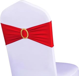 Pack of 50 Spandex Red Chair Sashes with Gold Buckles, Stretch Chairs Sashes for Wedding Party Baby Shower Ceremony Event Decorations Chair Bands Bows (Red Sashes, Gold Buckles)