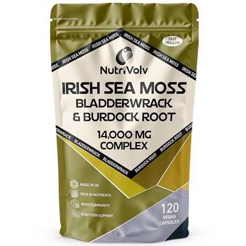 Irish Sea Moss Bladderwrack & Burdock Root Complex 14 000mg | 120 High Strength Capsules Providing 120 Day Supply | North Atlantic Irish Sea Moss Supplement | No Fillers or Binders | Vegan & UK Made
