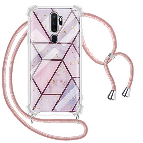 Greneric Coque pour Oppo A9 2020/A5 2020 avec Cordon de Collier, Marbre Housse en TPU Souple et PC Dur Lanière avec Cordon Réglable Lanyard, Or Rose Cover