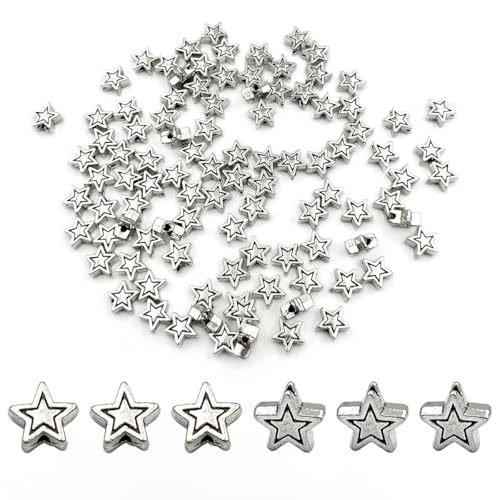Aproximadamente 100 cuentas de estrella plateadas de 6,5 mm, cuentas espaciadoras de estrella de metal para hacer llaveros, pulseras, collares, cuentas de manualidades