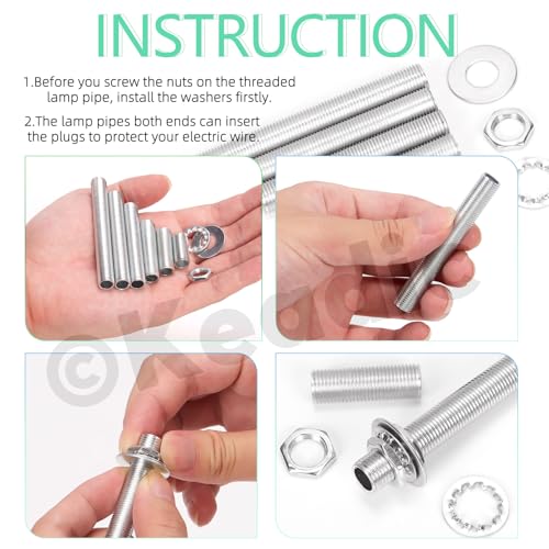 Keadic 140Pcs M10 Lamp Repair Hardware Assortment Set W Nuts Washers, 20/30/40/50/60/70/80mm Zinc Plated Hollow All Threaded Lamp Pipe for Chandelier Ceiling Light (1.0 Pitch)