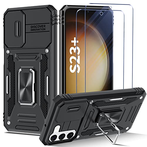 ivencase Funda Compatible con Samsung Galaxy S23+ / S23 Plus con Anillo de Soporte y 2 Piezas Cristal Templado, Armor Carcasa con Cubierta de cámara Deslizante, TPU y PC Anti- Choques Case Negro Cover