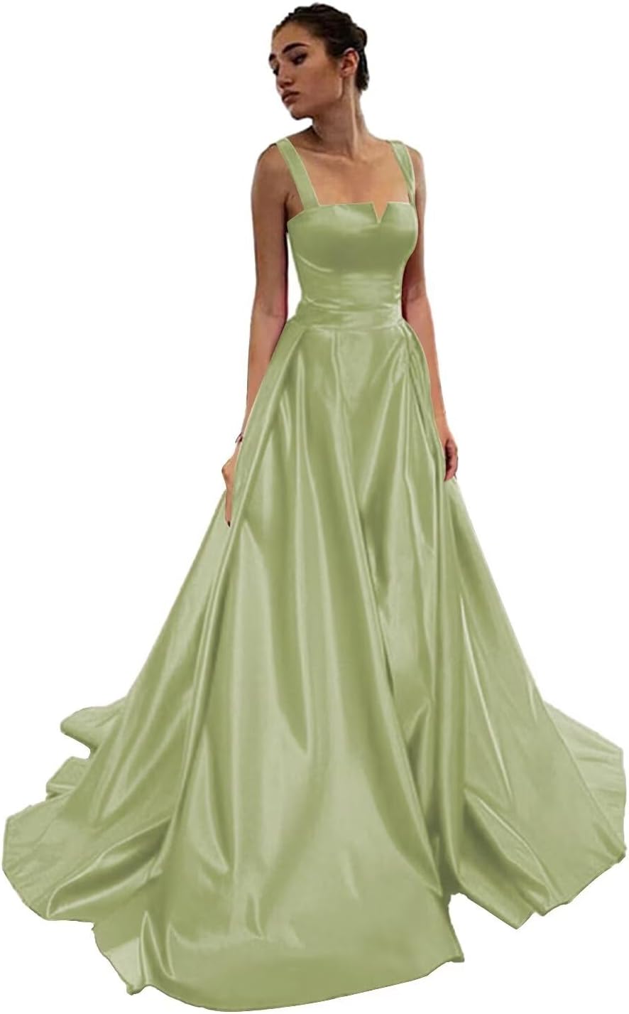 Women's Satin Sleeveless Sexy Prom Dress Backless Long with Train A Line Formal Cocktail Dress for Evening Party
