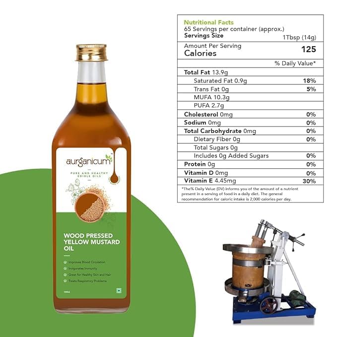 Image of 1L Wood Pressed Yellow Mustard Oil (Peeli Sarson Tel) - Cold Pressed Kachi Ghani Sarso Oil for Daily Cooking - Natural, Unrefined & Chemical Free - Glass Bottle