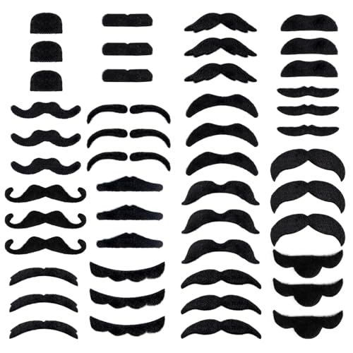 EWOID 48 Pcs Fake Mustaches Self Adhesive Fake Beard Novelty Hairy Beard Costume Facial Hair for Mustache Party Halloween Festival Performance Supplies Photo Decorations 16 Style Black