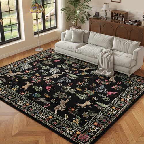 Living Room Rug 5x7 Rug Machine Washable Boho Area Rug Non Slip Floral Animal Vintage Low Pile Large Rugs for Living Room, Bedroom, Farmhouse, Dining Room, Kids Playroom (Black)