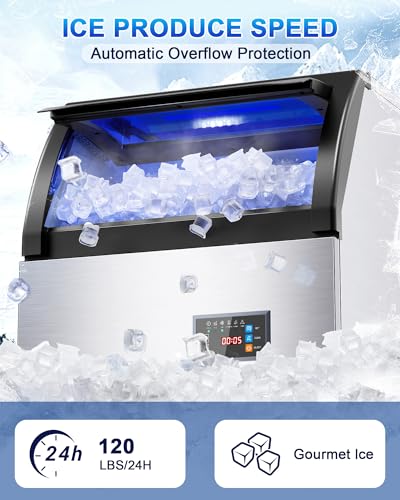 Image of Commercial Gourmet Ice Maker, 120Lbs /24H Spray Ice Machine | Self-Cleaning & Adjustable Ice Thickness, Stainless Steel Freestanding Under Counter for Crystal Clear Nugget Ice Making