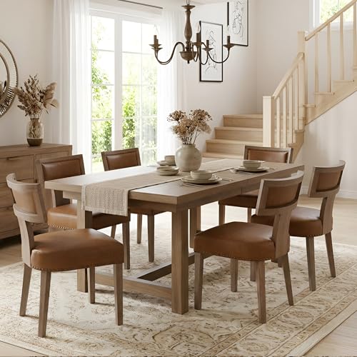 Image of HNY Mid Century Modern Dining Chairs Set of 6, Farmhouse PU Leather Upholstered Accent Chairs Curved Nailhead Trim Backrest Kitchen Chairs, with Hardwood Frame, Brown