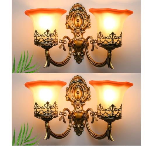 Image of GreyWings Antique Bronze Double Wall Light for Home Decorative Metal & Glass 2 Light Wall Sconce (7632) (Bulb not Included) Pack of 2