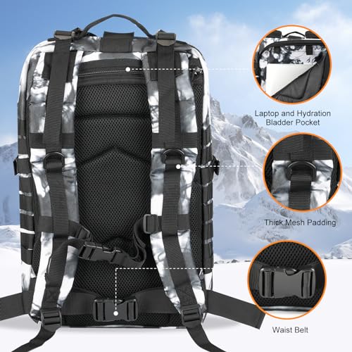 Image of Hannibal Tactical MOLLE Assault Backpack, Tactical Backpack Military Army Camping Rucksack, 3-Day Pack Trip w /USA Flag Patch, D-Rings, Black White camo