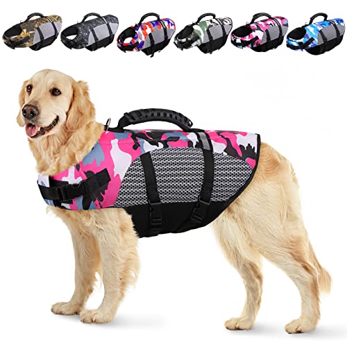Koeson Dog Life Jacket, Camo Ripstop Dog Life Vest For Swimming, Reflective Pet Safety Lifejacket For Dogs With Rescue Handle, Dog Life Preserver Swimsuit For Small Medium Large Dogs (Pink, S) #TOP7