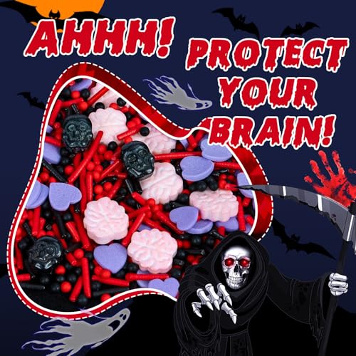 Image of Edible Halloween Sprinkles for Cake,Purple Heart Pink Brain and Black Skull Monster Sprinkles,Red Black Pearls and Jimmies Mixed,Horrifying Sprinkle 130g,Perfect for Cake Decorations, Baking,Ice Cream,Cookies,Cupcake Topper,Halloween Supplies Children Party