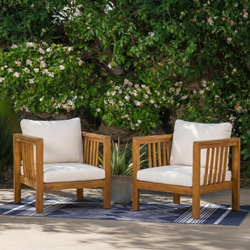 Merax Set of 2 Outdoor Acacia Wood Club Chairs, Modern Patio Conversation Chairs with Thick Cushions, Adjustable Feet, Weather Resistant Wooden Armchairs for Backyard, Poolside, Beige Cushions