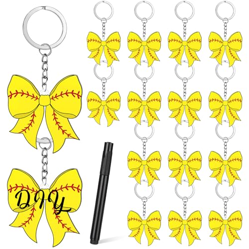 Tondiamo 16 Pcs 3 Coquette Softball Bow Keychains Bulk Team Gift Sport Senior Night Gift DIY Name Personalized Softball Party Favors for Team Sports Birthday Gifts