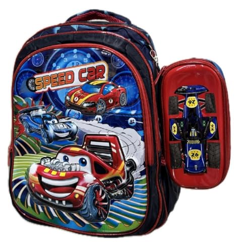 Mochila Escolar menino Carros Speed Car 3D e Estojo Escolar Infantil (vermelho)