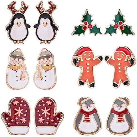 Lux Accessories Christmas Set of 6 Pairs Penguin Mistletoe Snowman Gloves Stud Earrings Cover