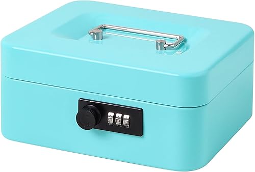 Jssmst Caja mediana con cerradura de combinación, caja de metal duradera con bandeja para dinero, azul claro, 7.87 x 6.3 x 3.35 pulgadas