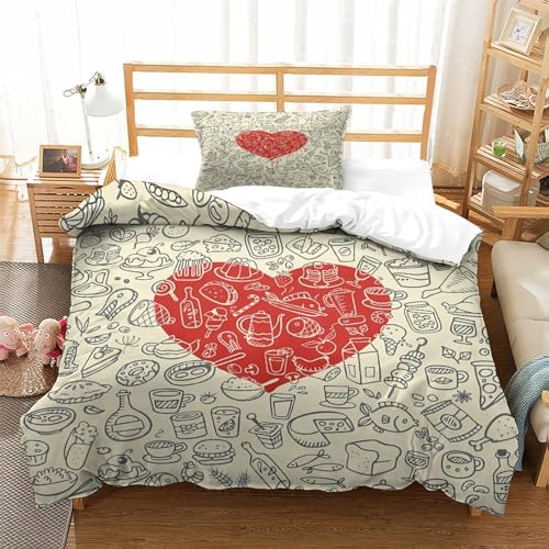 Housse de couette microfibre anti-plis parure de lit coeur rouge