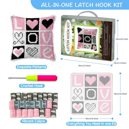 Image of ZFFLYH Love Latch Hook Pillow Kits for Adults Beginners Pre-Printed Cushion | Home Sofa Cushion Cover Preprinted Canvas Crochet Yarn Kits Needlework Crafts Festival Gift for Adults Beginner 17X17 Inch