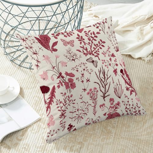 Image of Christmas Pillow Covers 18x18 Inch Set of 2,Burgundy Red Wild Flower Plant Throw Pillows Case,Seasonal Floral Outdoor Decorative Square Linen Farmhouse Decor Cushion Covers for Home Sofa bed Couch
