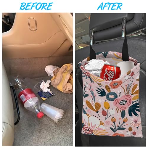 Image of Car Trash Bag Creative Floral Car Garbage Bag Hanging Car Trash Can for Back Seat with Drawstring, Waterproof Garbage Bags for Car Accessories Vehicle Travelling Camping Outdoor