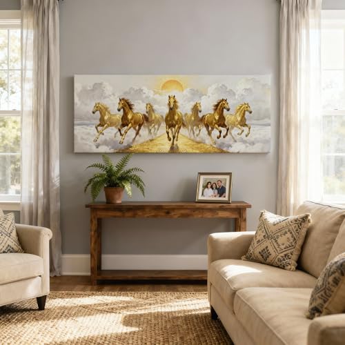 Image of SoulAbiti Vastu Seven Horses Running Golden Path Clouds Unframed 36x14 inches Rolled Canvas Wall Realism Art UV Print Painting for Living Room, Bedroom & Office Decor Premium Gloss Vivid Fade-Resistant Print