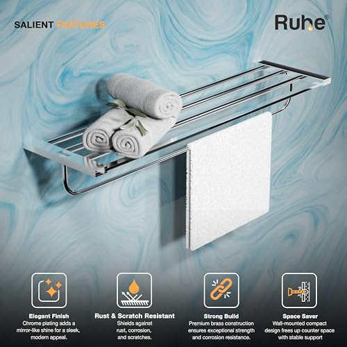 Image of Ruhe 24 Inch Aurum Bathroom Towel Rack /Towel Holder /Towel Stand | Wall Mounted Shelf with Hanging Rod, Durable Metal with Chrome Finish
