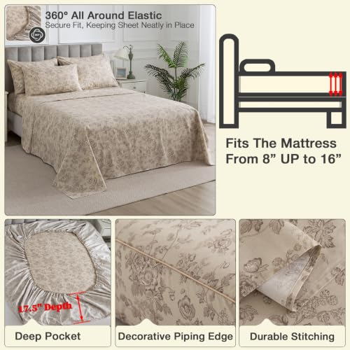 Image of Vintage Beige Floral Percale Bed Sheets Full Size Deep Pocket 4Pcs | 100% Cotton Shabby Chic Toile Sheet Set, Neutral Pattern Farmhouse Sheets, Luxury Designer Bedding, Brown Flower, Soft Crisp