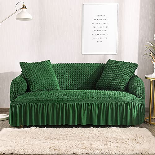 Housse canapé extensible 4 places vert foncé en seersucker à jupe drapée
