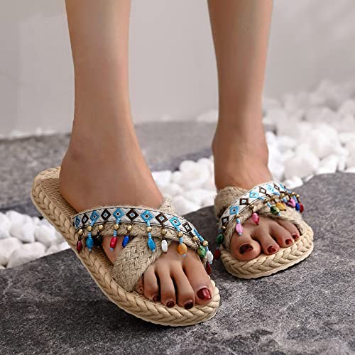 Woven Sandals and Women Spring Flops and Imitation Slippers Flat Beach Summer Straw Flip Women's Slipper Slippers for Women Indoor and Outdoor (Sky Blue, 7.5)2