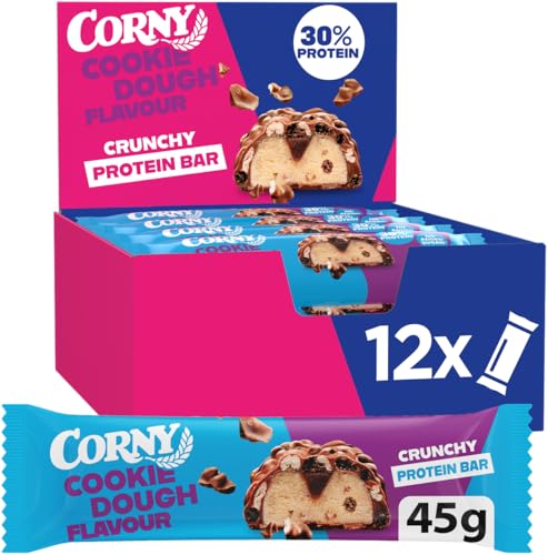 Proteinriegel | Corny Protein Crunchy Cookie Flavor | 30% Protein | Genussvolle Knusperrezeptur für Freude mit jedem Biss | Eiweißriegel ohne Zuckerzusatz | Großpackung 12x45g