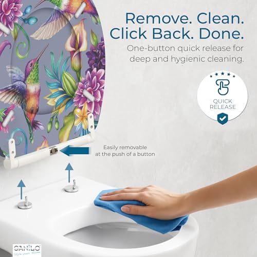 Image of Sanilo Wooden Toilet Seat with Quick Release & Soft Close [ROUND] - Decorative & Slow Close Molded Wood Seat - With One Click for Easy Installation & Cleaning - With Adjustable Fit (Hummingbird)