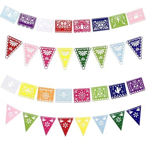 Qpout 4 Paquetes de Decoraciones de Fiestas Mexicanas Banners,Fieltro Guirnalda Del Día De Los Muertos,Colorida Fiesta Mexicana Fiesta Papel Picado Banner,Fiesta Cumpleaños Baby Shower