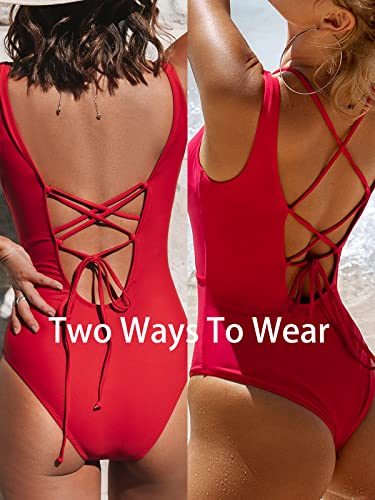 Cupshe Women One Piece Swimsuits O Ring Red Strappy Lace Up Monokini Swimsuits Bathing Suit, L #TOP6