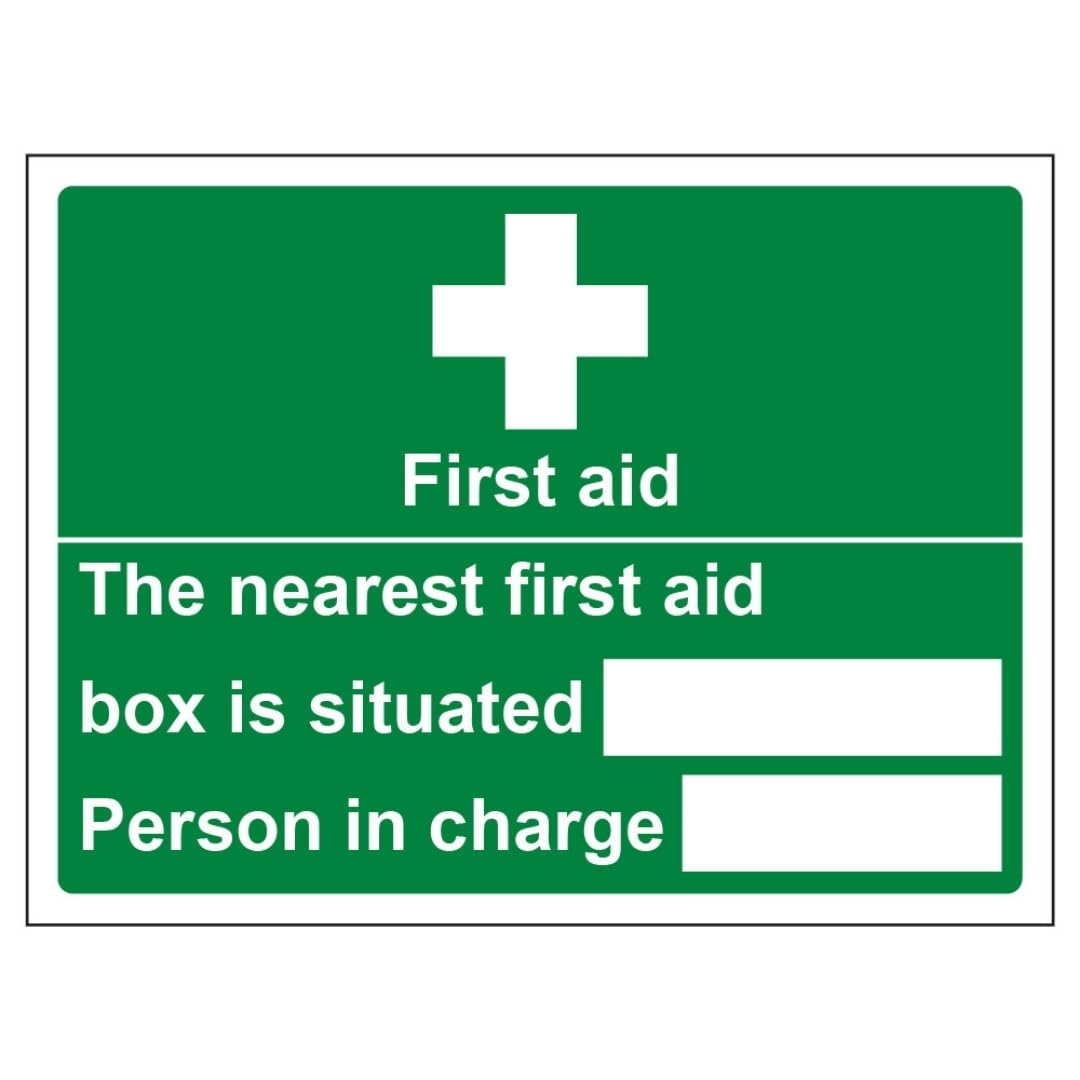 V Safety The Nearest First Aid Box Is Situated - Landscape 300 x 200 mm - 2mm Super-Tough Rigid Plastic Safety Sign