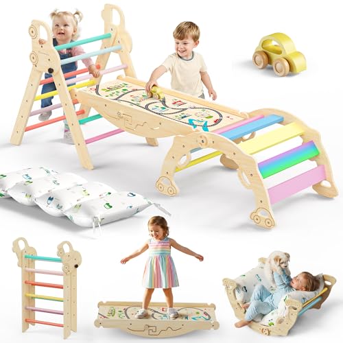 Image of Bimomiki Pikler Triangle Climbing Set with Cushion, Foldable Climbing Toys Indoor, Montessori Toddler Gym, 10-in-1 Climber & Playground, Gift for Christmas, Birthday, New Year (Rainbow Valley)