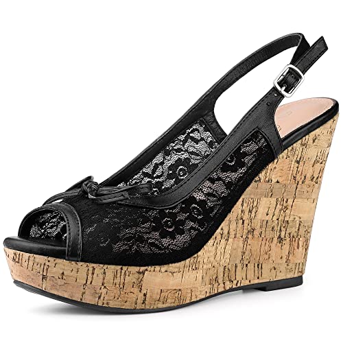 Perphy Platform Heels Lace Bow Slingback Wedge Sandals for Women